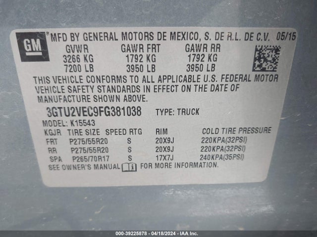 GMC Sierra 1500 Slt 2015 3GTU2VEC9FG381038 Image 9