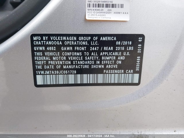 1VWJM7A39JC051729 Volkswagen Passat 3.6l V6 Gt
