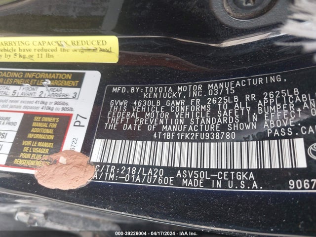 Toyota CAMRY XLE 2015 4T1BF1FK2FU938780 Image 9