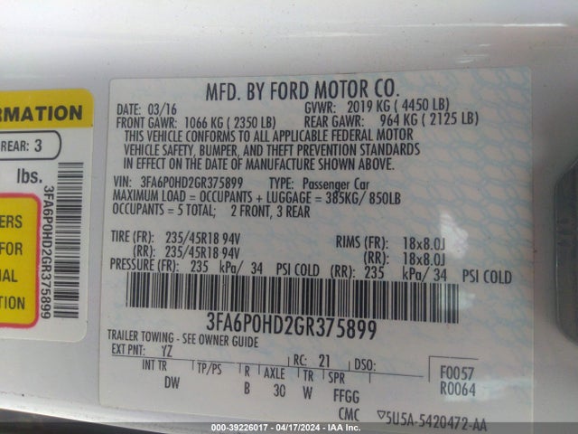 Ford FUSION SE 2016 3FA6P0HD2GR375899 Image 9