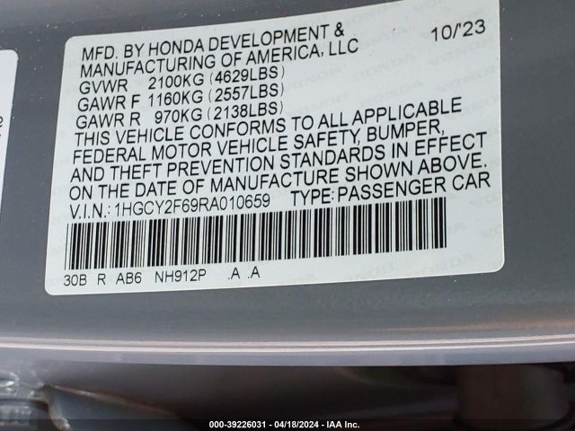 1HGCY2F69RA010659 Honda Accord Hybrid Ex-l