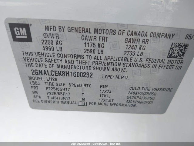 Chevrolet EQUINOX LT 2017 2GNALCEK8H1600232 Image 9