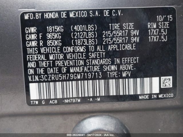3CZRU5H79GM719713 Honda Hr-v Ex-l