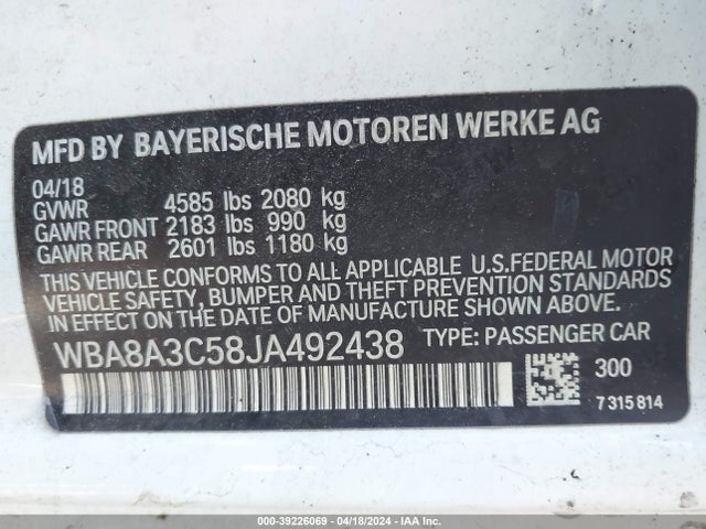 WBA8A3C58JA492438 BMW 320i Xdrive