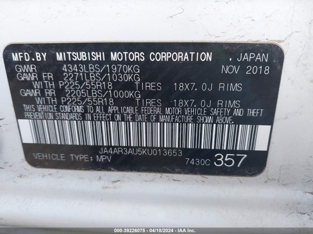 JA4AR3AU5KU013653 Mitsubishi Outlander Sport 2.0 Se