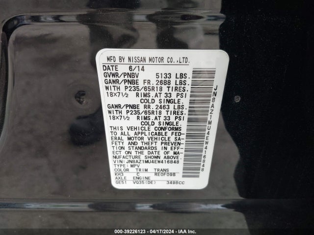 Nissan MURANO S 2014 JN8AZ1MU4EW416848 Image 9