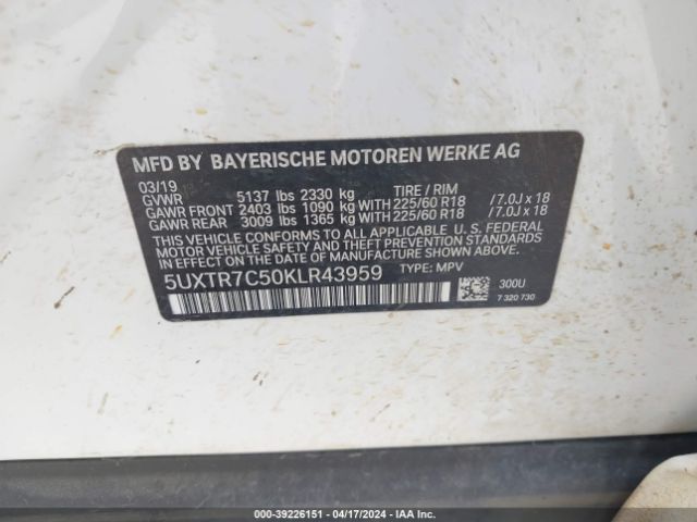 5UXTR7C50KLR43959 BMW X3 Sdrive30i