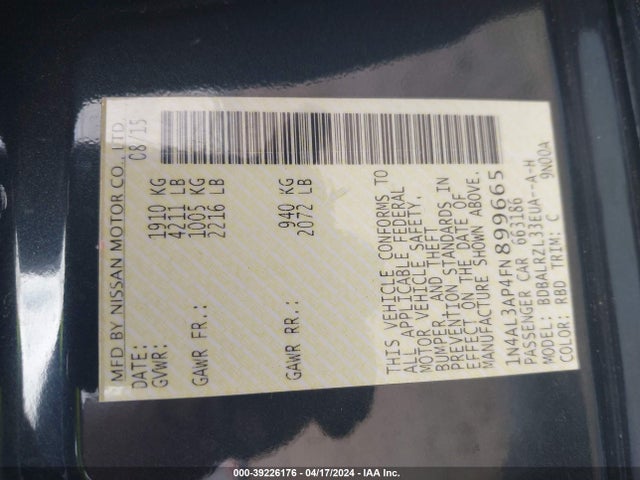 Nissan Altima 2.5 Sl 2015 1N4AL3AP4FN899665 Image 9