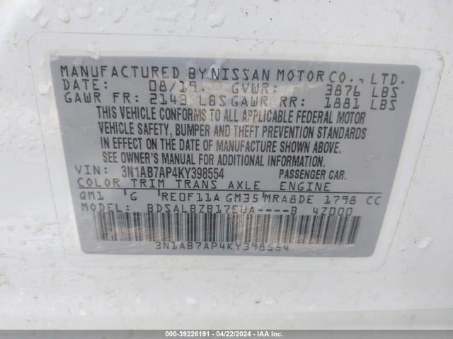 Nissan SENTRA S 2019 3N1AB7AP4KY398554 Image 9