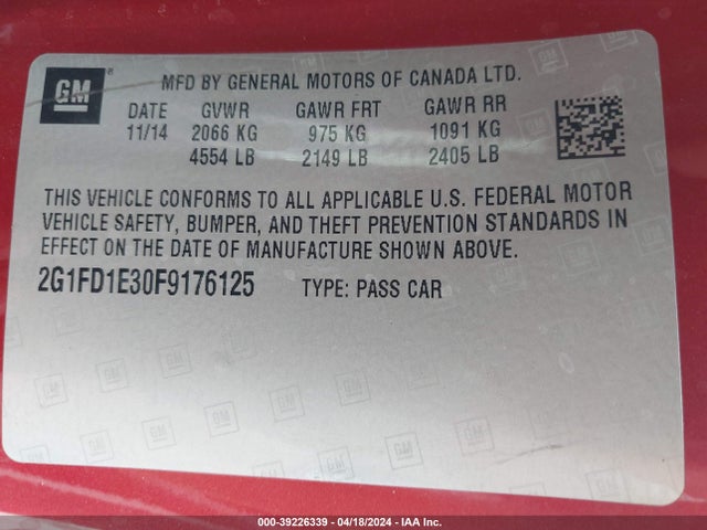 Chevrolet Camaro 1lt 2015 2G1FD1E30F9176125 Image 9