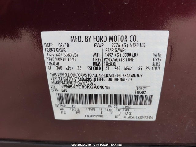 Ford EXPLORER XLT 2019 1FM5K7D80KGA04015 Image 9