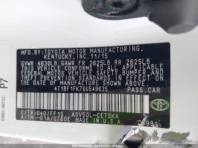 Toyota CAMRY SE 2016 4T1BF1FK7GU549635 Image 9