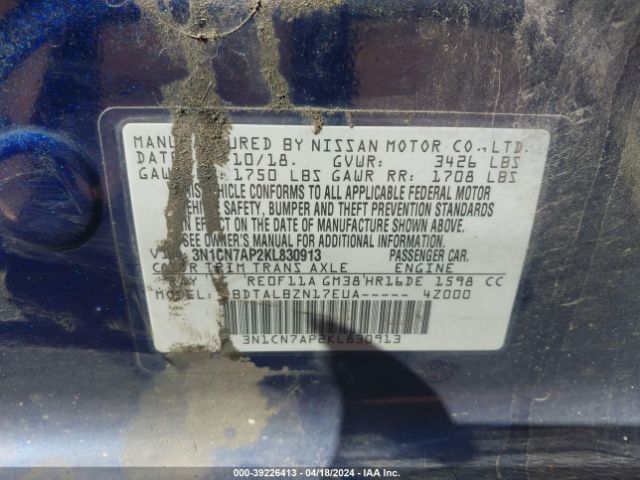 3N1CN7AP2KL830913 Nissan Versa 1.6 Sv