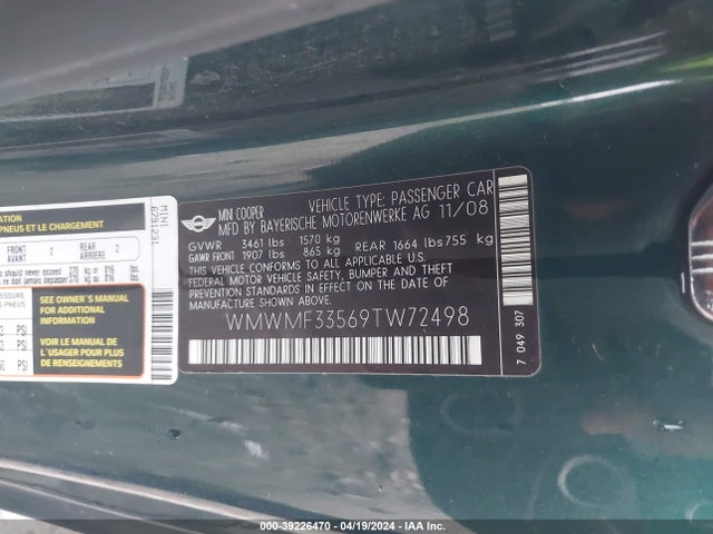 2009 MINI COOPER WMWMF33569TW72498 Photo 8