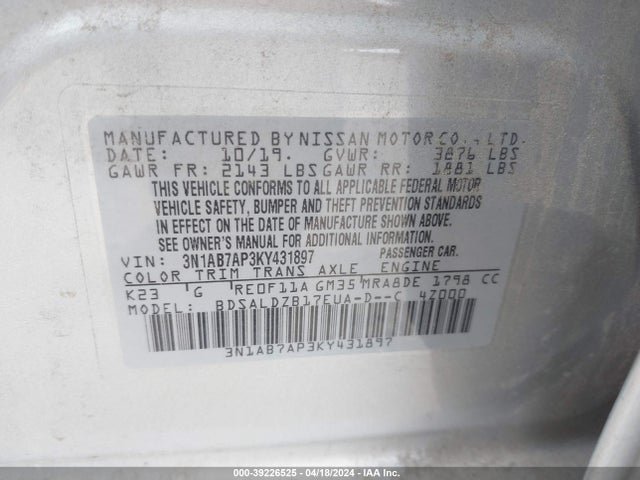 Nissan SENTRA SV 2019 3N1AB7AP3KY431897 Image 9