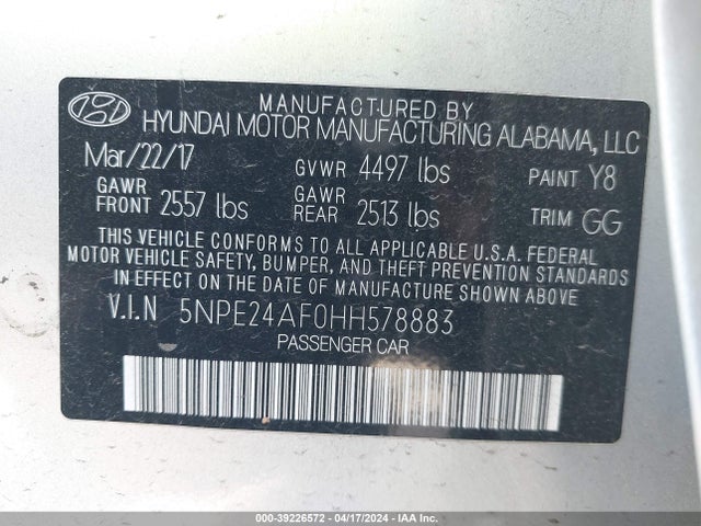 Hyundai Sonata 2017 5NPE24AF0HH578883 Image 9