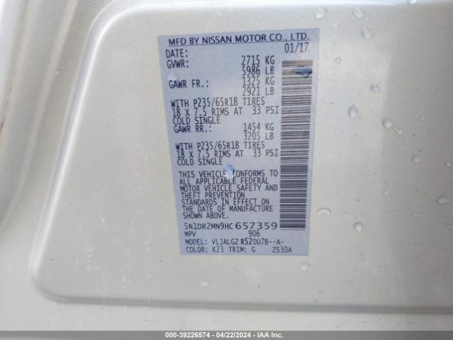 5N1DR2MN9HC657359 Nissan Pathfinder Sl