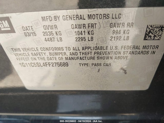 Chevrolet MALIBU 1LT 2015 1G11C5SL4FF275689 Image 9