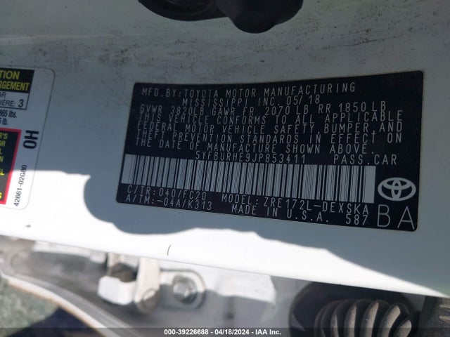 Toyota COROLLA SE 2018 5YFBURHE9JP853411 Image 9
