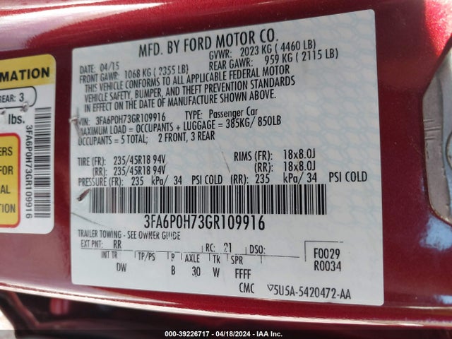 Ford FUSION SE 2016 3FA6P0H73GR109916 Image 9