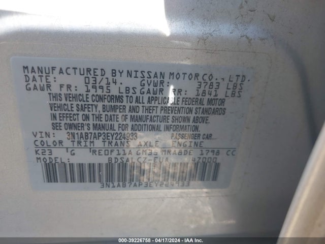 Nissan SENTRA S 2014 3N1AB7AP3EY224933 Image 9