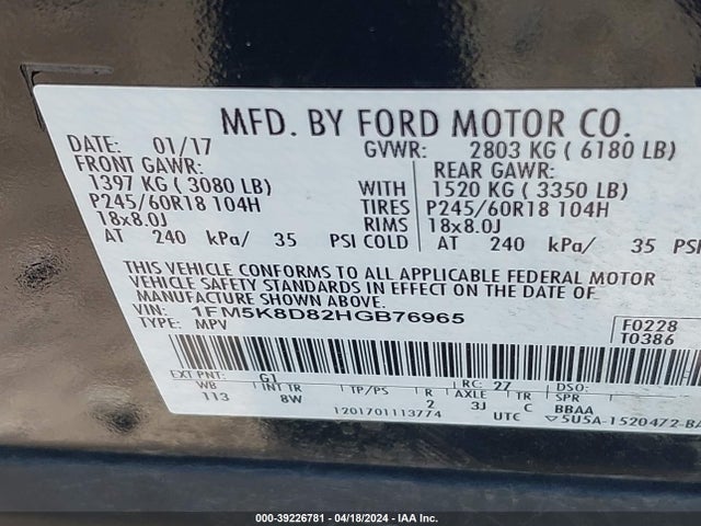 Ford EXPLORER XLT 2017 1FM5K8D82HGB76965 Image 9