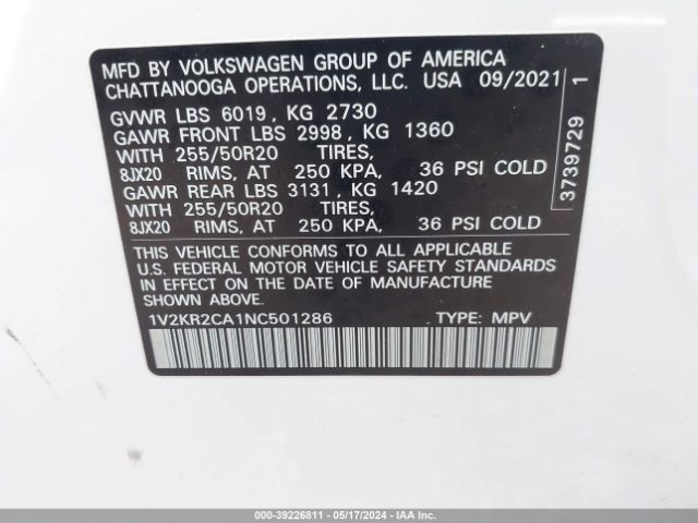 1V2KR2CA1NC501286 Volkswagen Atlas 3.6l V6 Se W/technology