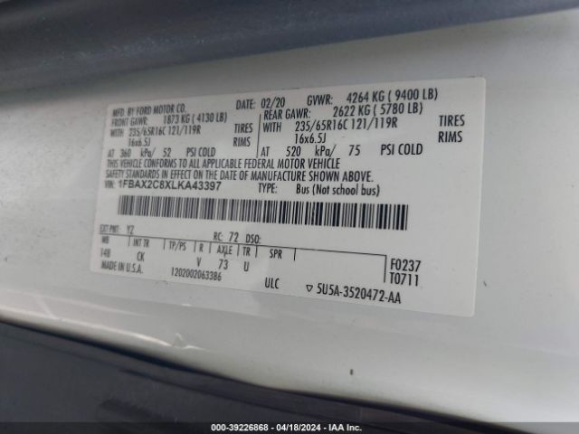 1FBAX2C8XLKA43397 Ford Transit-350 Passenger Van Xlt