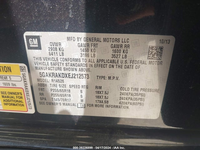 Buick Enclave Convenience 2014 5GAKRAKDXEJ212573 Image 9