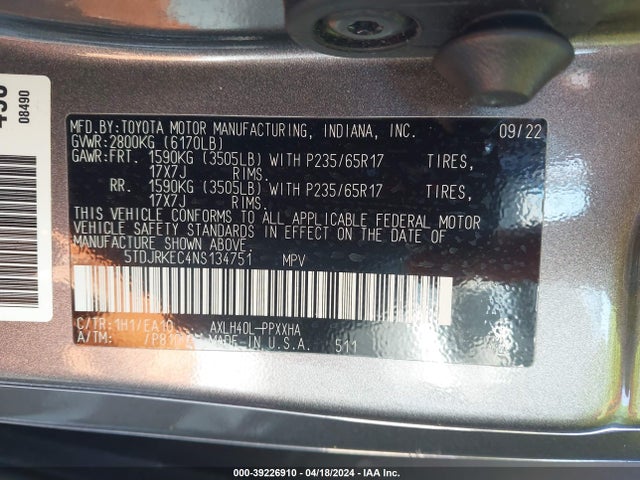 Toyota SIENNA XLE 2022 5TDJRKEC4NS134751 Image 9