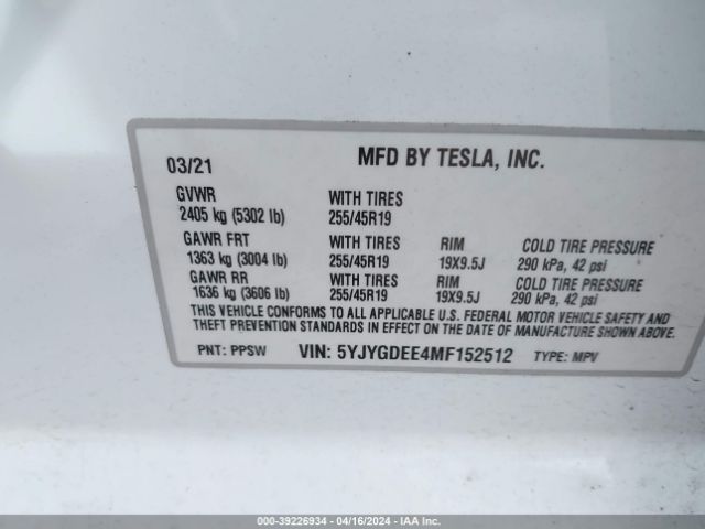 5YJYGDEE4MF152512 Tesla Model Y Long Range Dual Motor All-wheel Drive
