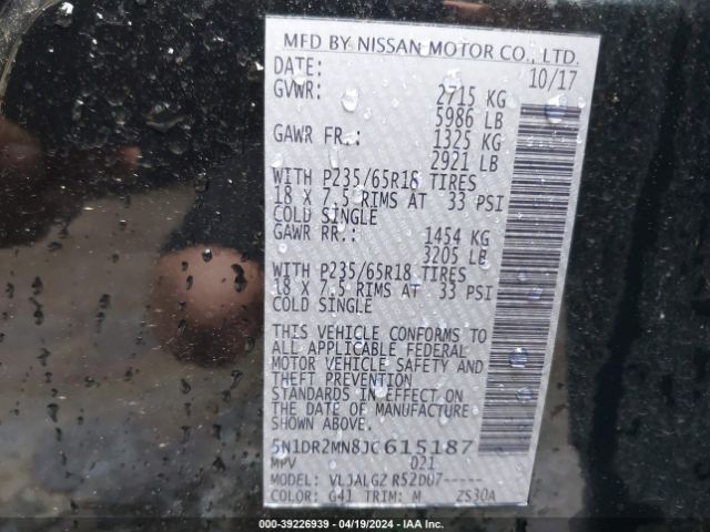 5N1DR2MN8JC615187 Nissan Pathfinder Sl