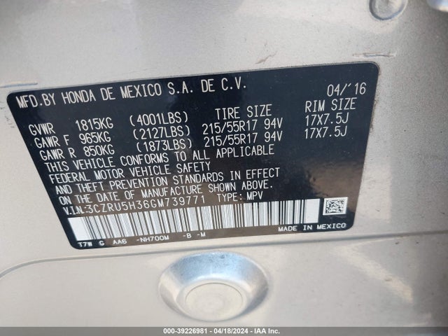 Honda HR-V LX 2016 3CZRU5H36GM739771 Image 9