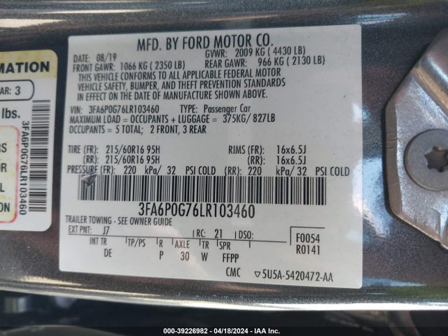 Ford FUSION S 2020 3FA6P0G76LR103460 Image 9