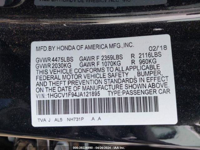 1HGCV1F94JA121895 Honda Accord Touring