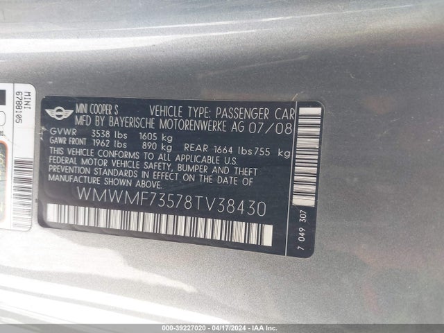 2008 MINI COOPER S WMWMF73578TV38430 Photo 8