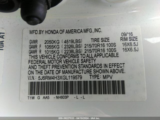 5J6RM4H3XGL119579 Honda CR-V LX