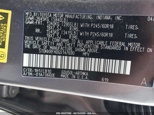 Toyota Highlander Xle V6 2016 5TDKKRFH0GS147690 Image 9