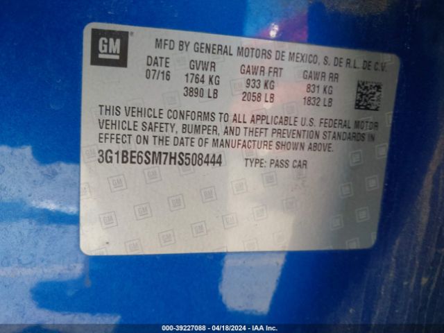 3G1BE6SM7HS508444 Chevrolet Cruze Lt Auto