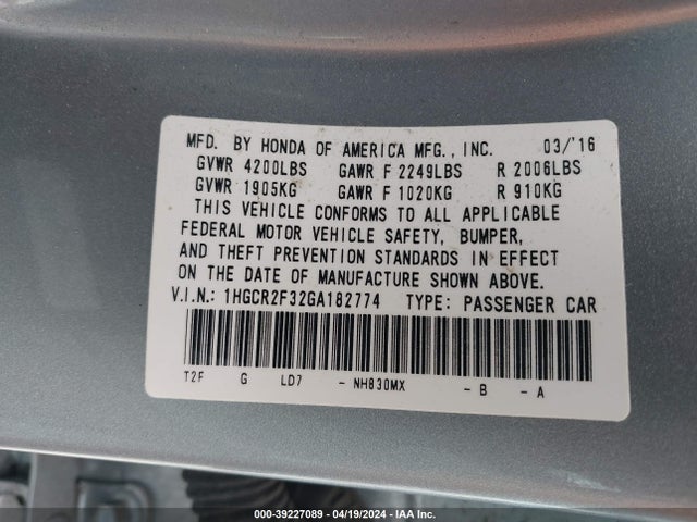Honda ACCORD LX 2016 1HGCR2F32GA182774 Image 9