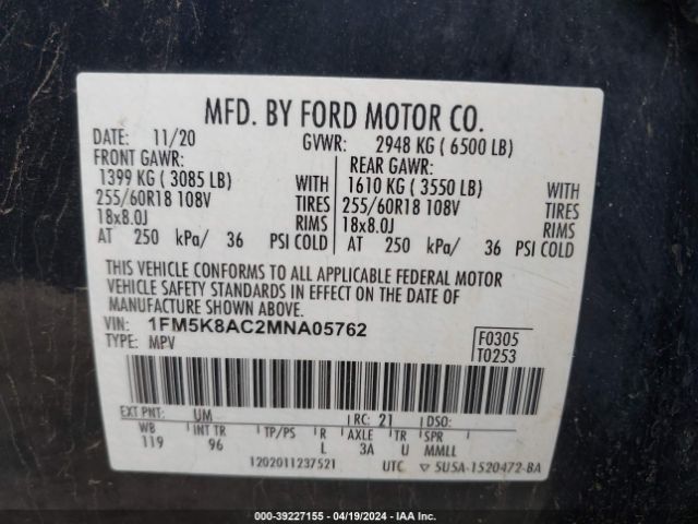 1FM5K8AC2MNA05762 Ford Police Interceptor Utility