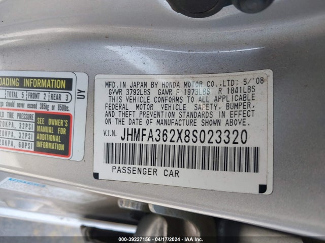 Aukcja sprzedaży 2008 Honda Civic Hybrid, vin: JHMFA362X8S023320, numer aukcji: 39227156