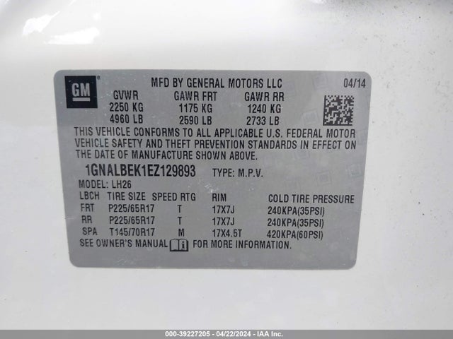 Chevrolet EQUINOX 1LT 2014 1GNALBEK1EZ129893 Image 9