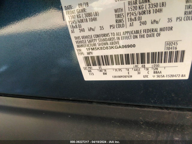 Ford EXPLORER XLT 2019 1FM5K8D83KGA06900 Image 9