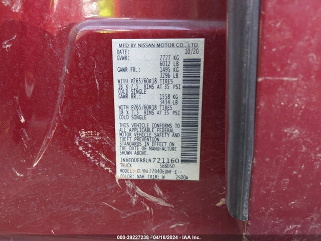 Nissan Frontier Sv 4x4 2020 1N6ED0EB8LN721160 Image 9