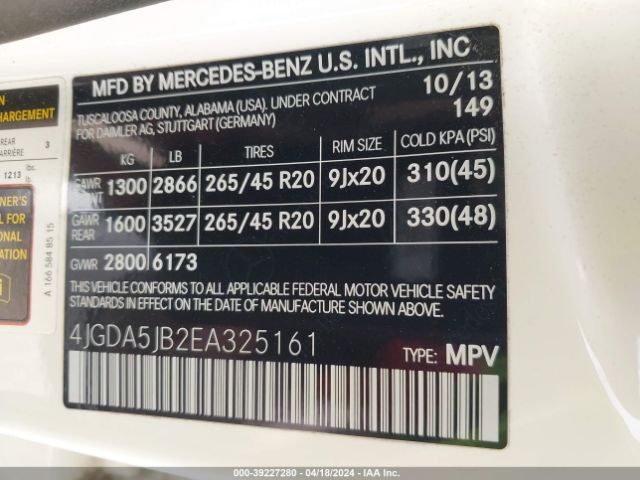 4JGDA5JB2EA325161 Mercedes-Benz ML 350