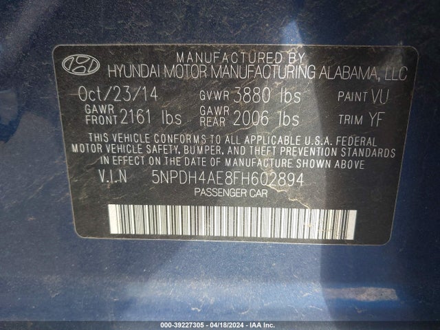 Hyundai ELANTRA SE 2015 5NPDH4AE8FH602894 Image 9