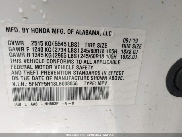 Honda Pilot 2wd Lx 2020 5FNYF5H18LB008056 Image 9