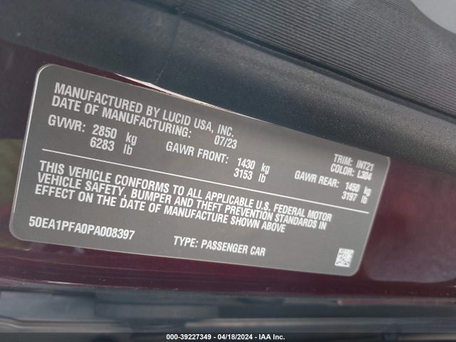 Lucid Air Pure 2023 50EA1PFA0PA008397 Image 9
