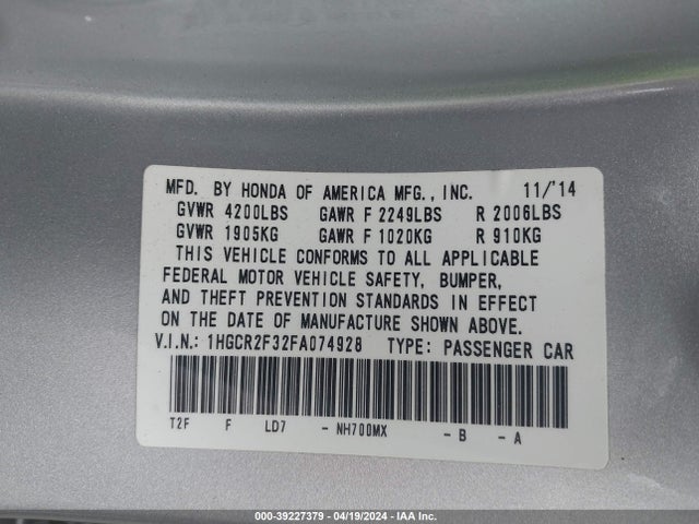 Honda ACCORD LX 2015 1HGCR2F32FA074928 Image 9